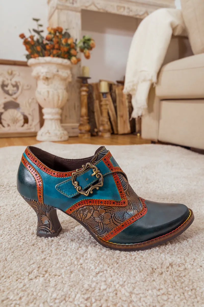 Floral Embossed Leather Pump Navy