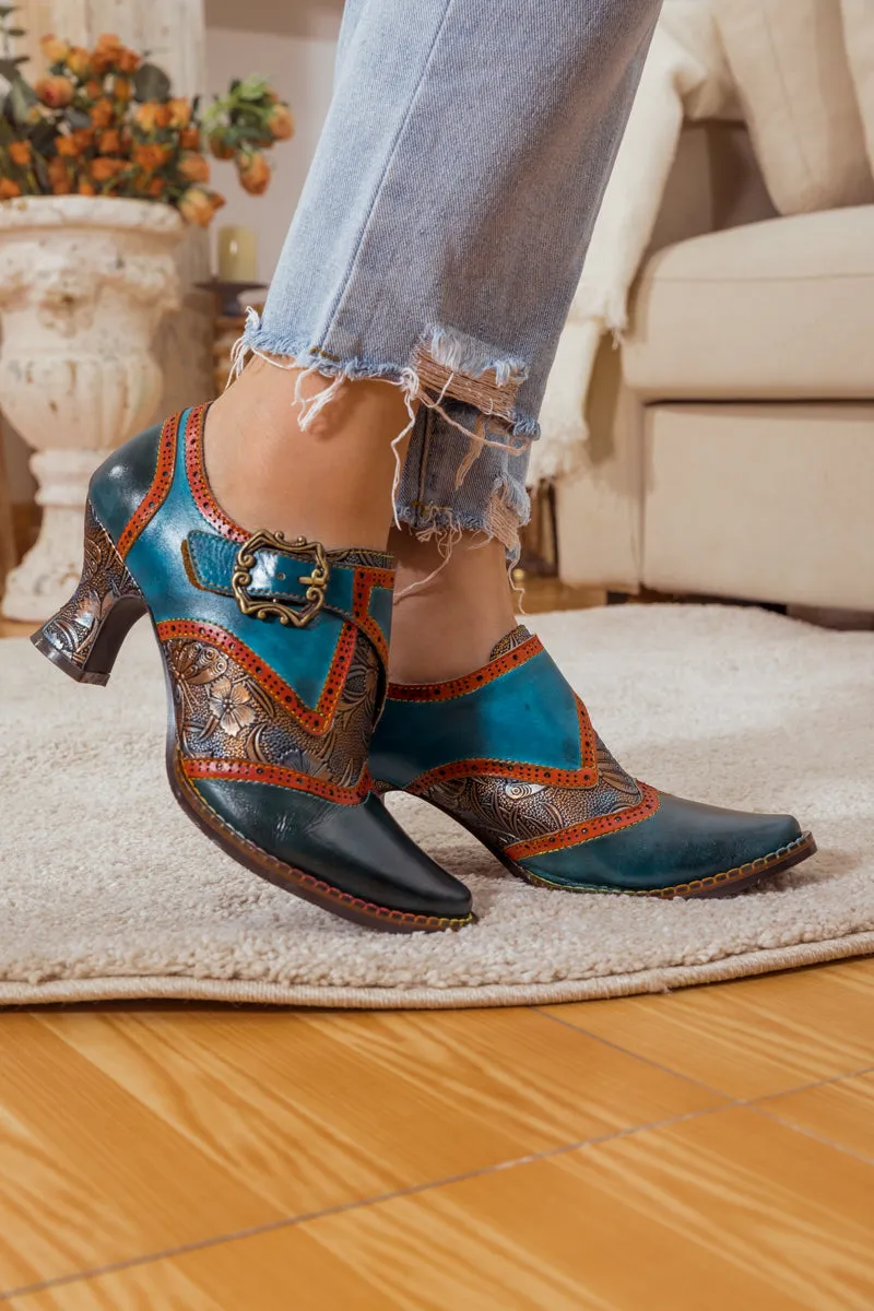Floral Embossed Leather Pump Navy