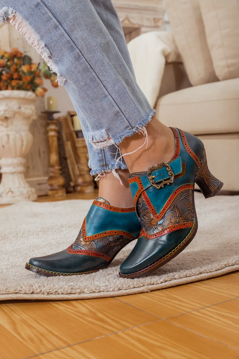 Floral Embossed Leather Pump Navy