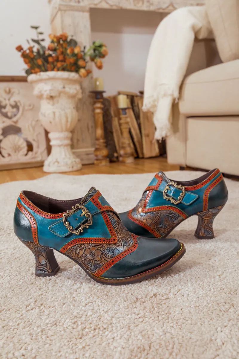 Floral Embossed Leather Pump Navy