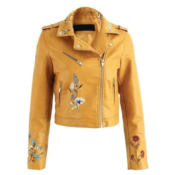Floral Embroidery PU Leather Jacket
