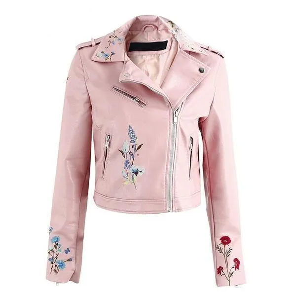 Floral Embroidery PU Leather Jacket