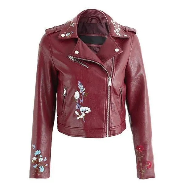 Floral Embroidery PU Leather Jacket