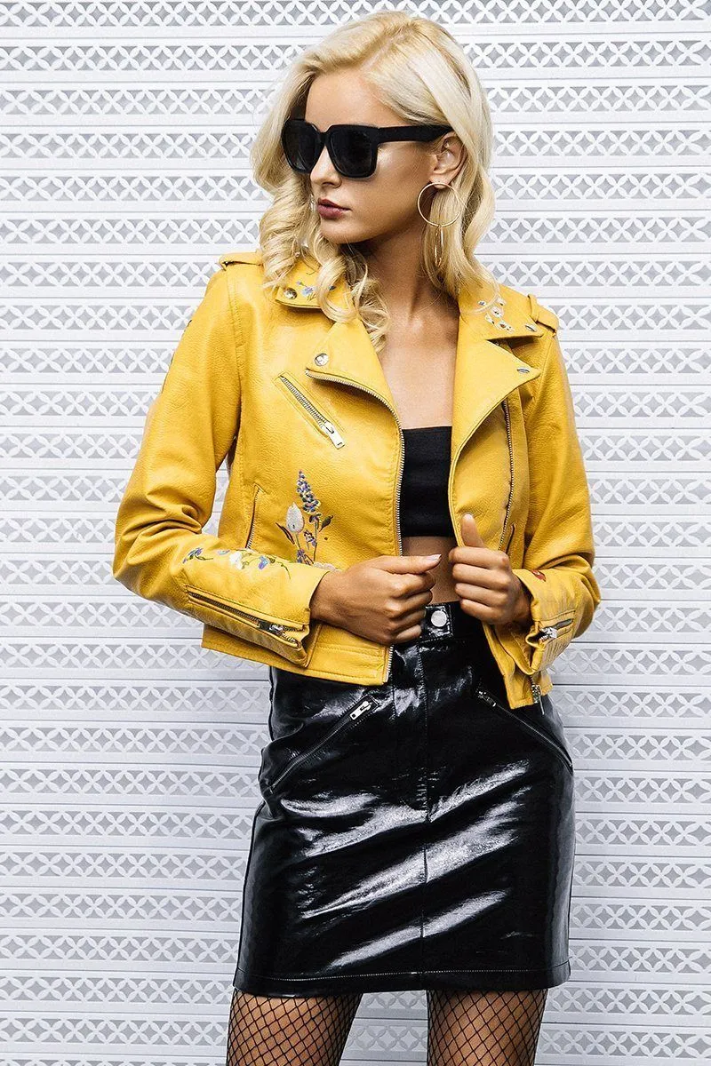 Floral Embroidery PU Leather Jacket
