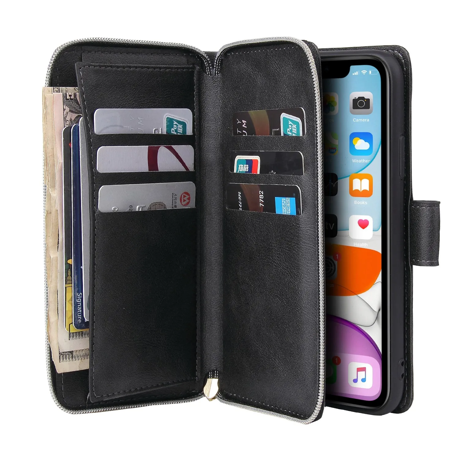 For iphone X/XS/XS MAX/11/11Pro Pu Leather  Mobile Phone Cover Zipper Card Bag   Wrist Strap black