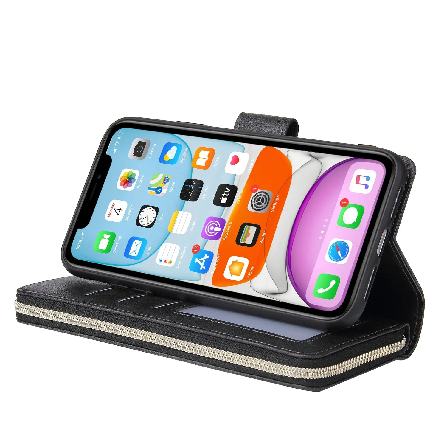 For iphone X/XS/XS MAX/11/11Pro Pu Leather  Mobile Phone Cover Zipper Card Bag   Wrist Strap black