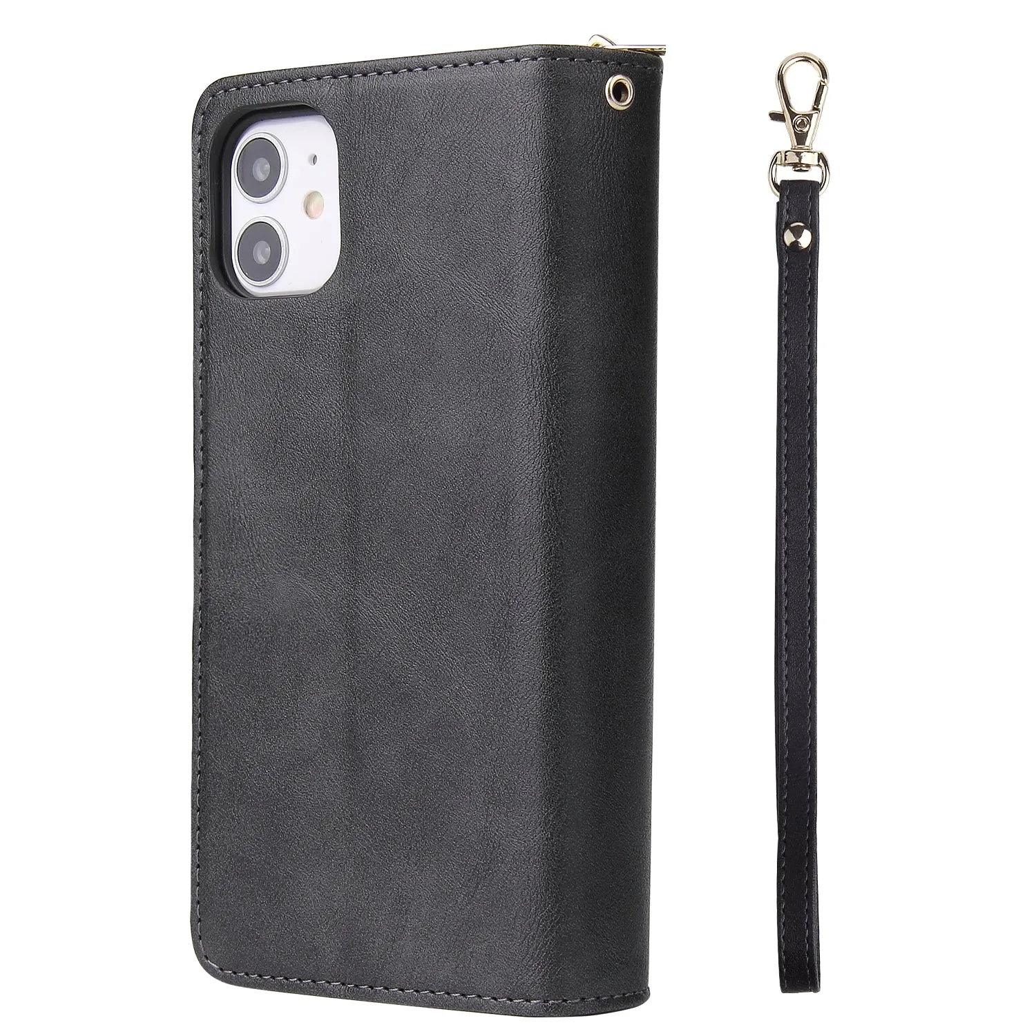 For iphone X/XS/XS MAX/11/11Pro Pu Leather  Mobile Phone Cover Zipper Card Bag   Wrist Strap black