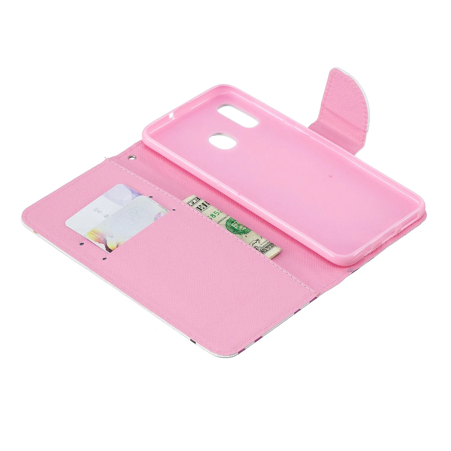 For Samsung A10/A20/A30 Smartphone Case PU Leather Wallet Design Cellphone Cover with Card Holder Stand Available peach blossom