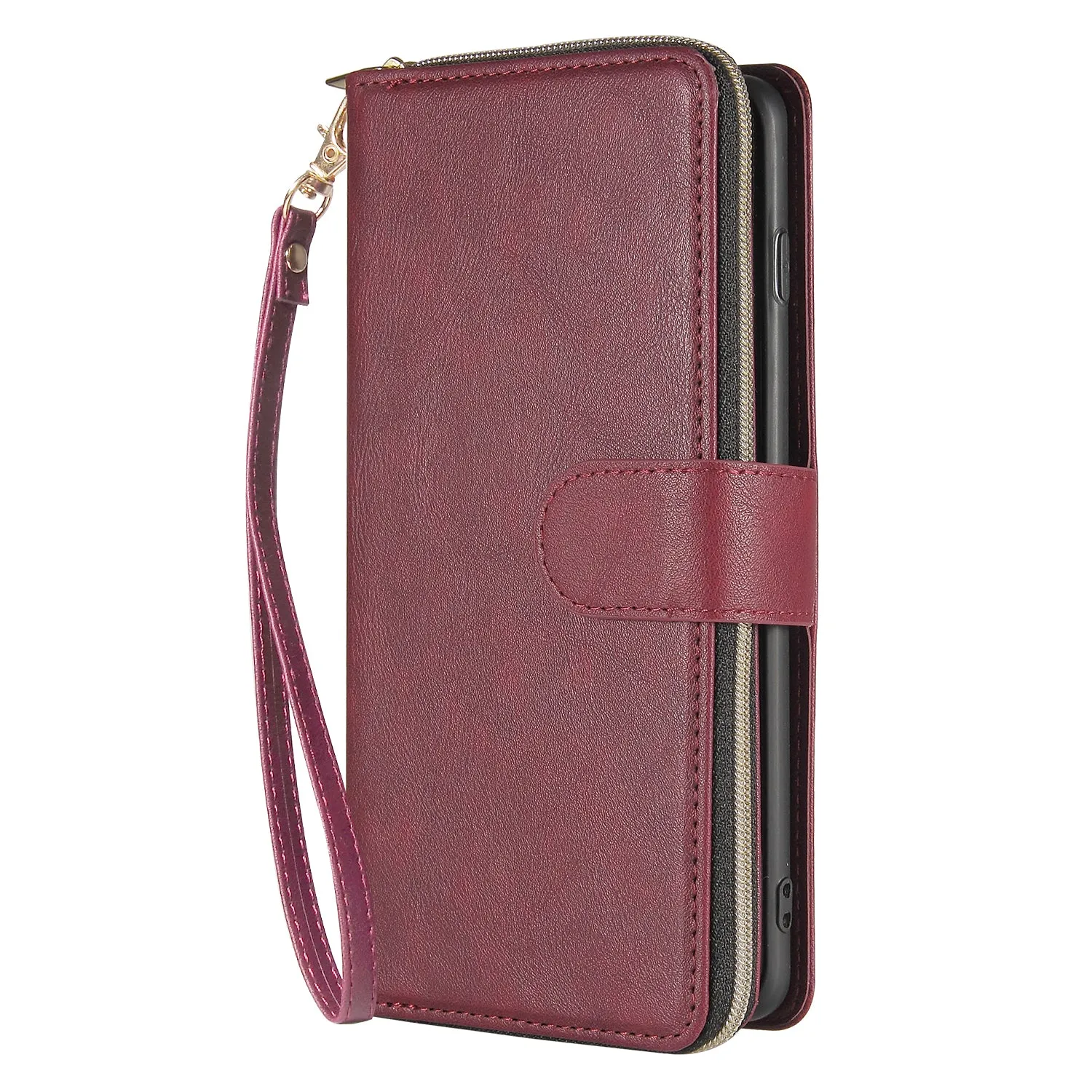 For Samsung S10/S20/S10E/ S10 Plus Pu Leather  Mobile Phone Cover Zipper Card Bag   Wrist Strap Red wine
