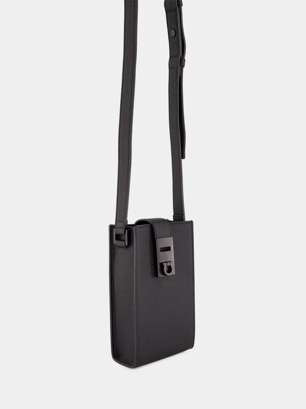 Gancini-buckle Black Leather Crossbody Bag