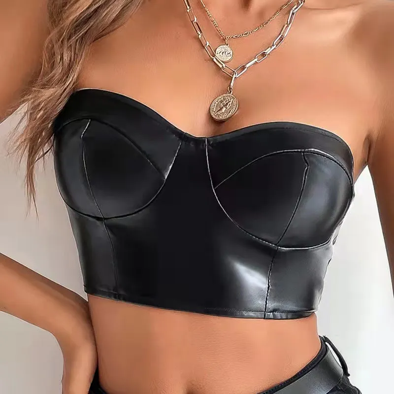 Glossy Strapless PU Leather Corset-Style Crop Top