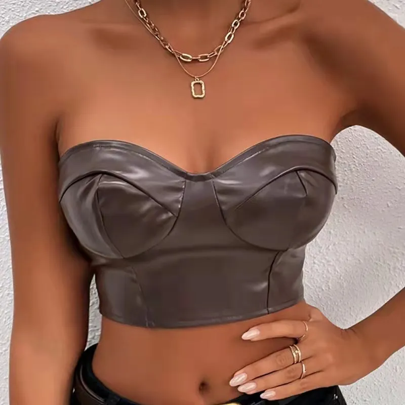 Glossy Strapless PU Leather Corset-Style Crop Top
