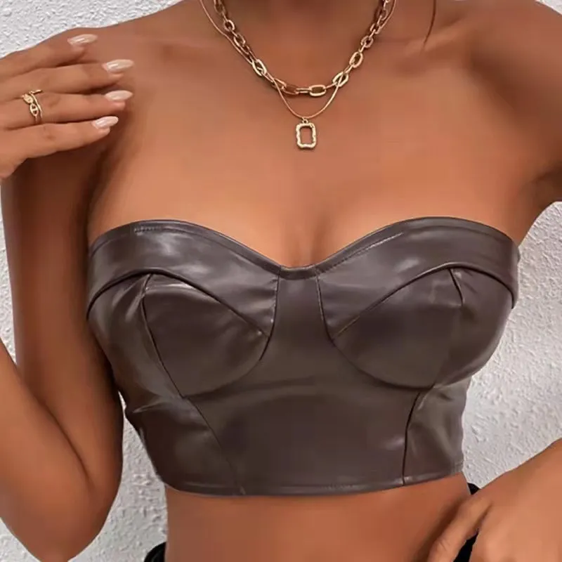 Glossy Strapless PU Leather Corset-Style Crop Top