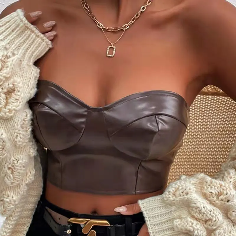 Glossy Strapless PU Leather Corset-Style Crop Top