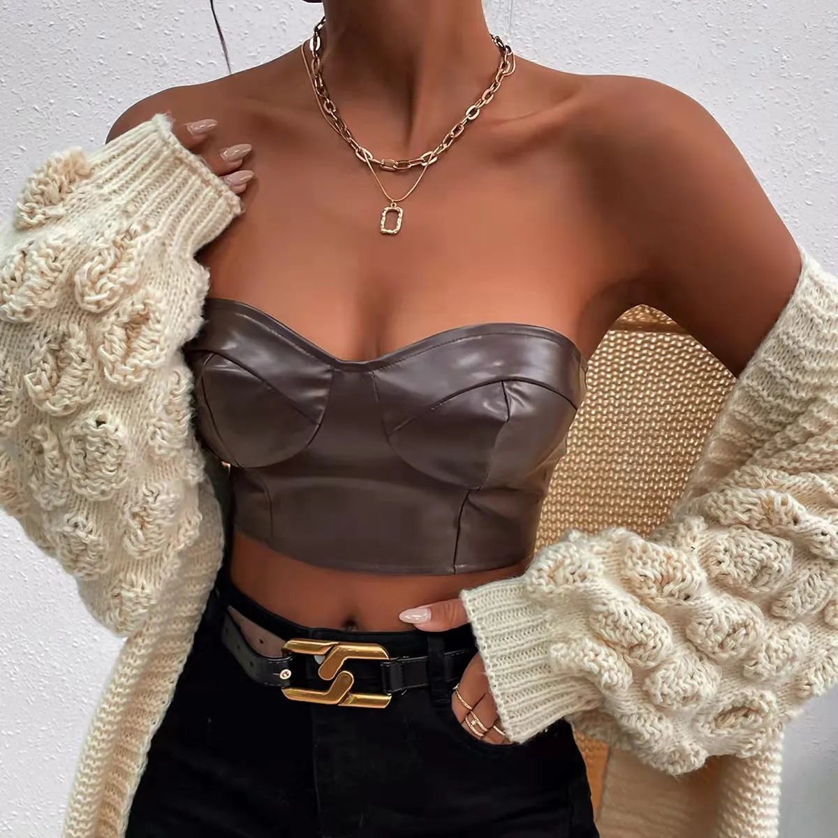 Glossy Strapless PU Leather Corset-Style Crop Top