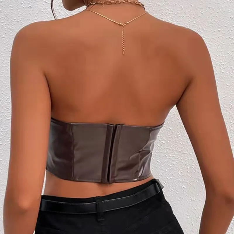 Glossy Strapless PU Leather Corset-Style Crop Top