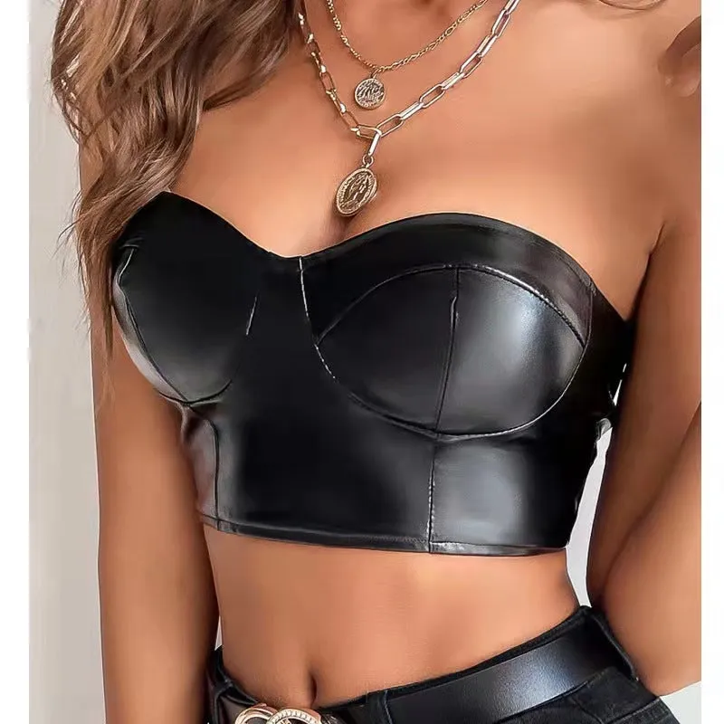 Glossy Strapless PU Leather Corset-Style Crop Top