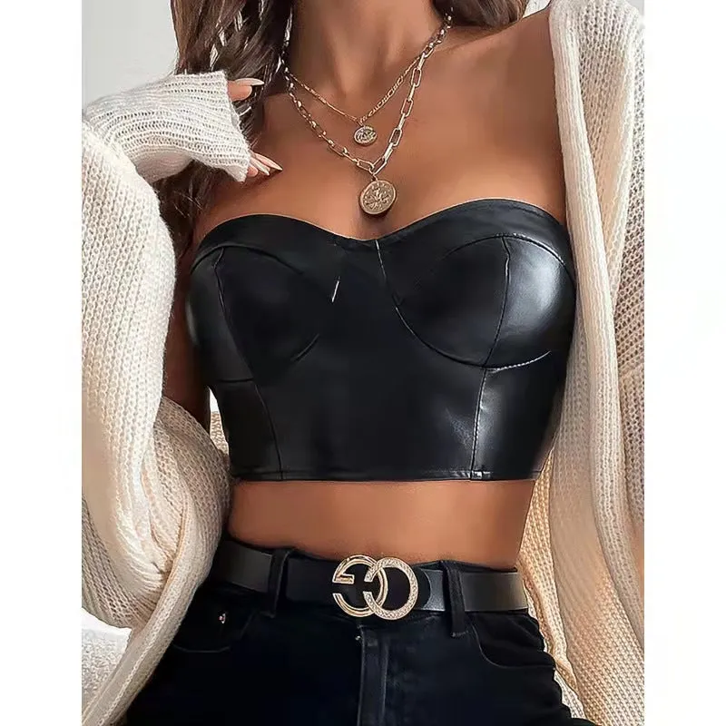 Glossy Strapless PU Leather Corset-Style Crop Top