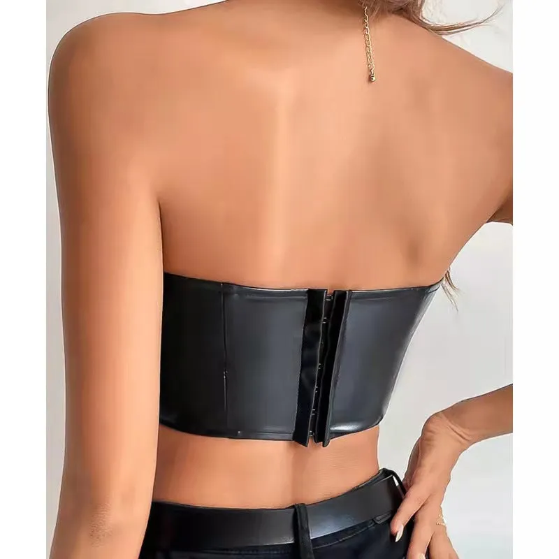 Glossy Strapless PU Leather Corset-Style Crop Top