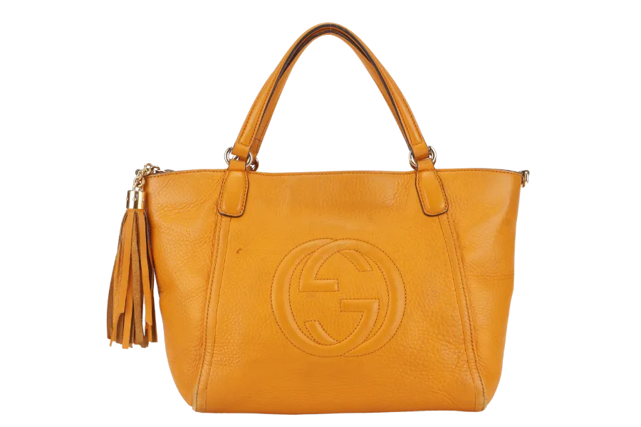 GUCCI SOHO SMALL TOP HANDLE BAG (369176) DARK YELLOW LEATHER GOLD HARDWARE WITH LEATHER STRAPS NO DUST COVER