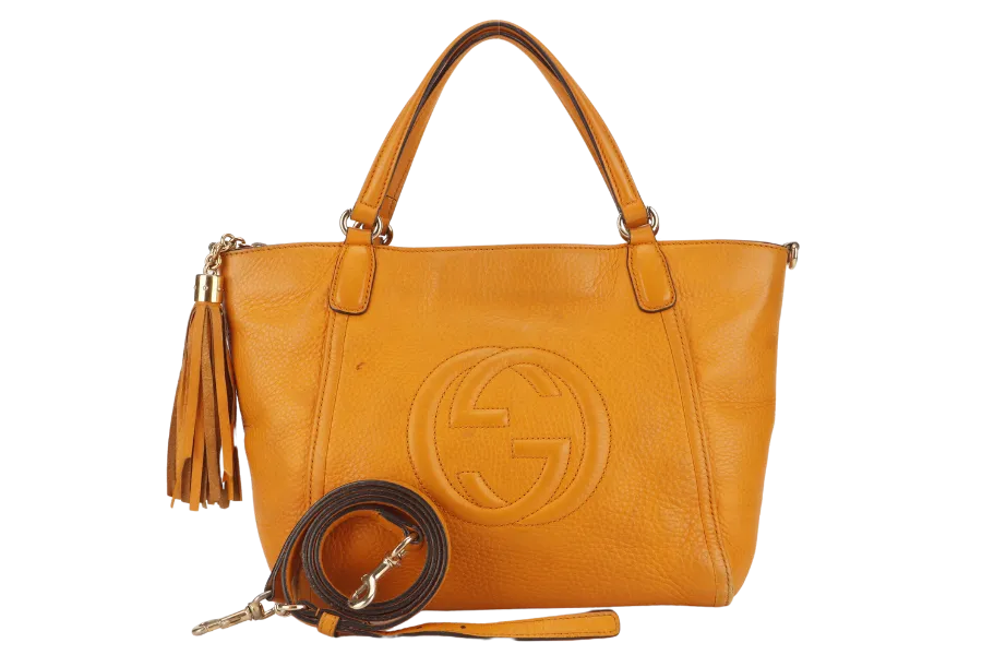 GUCCI SOHO SMALL TOP HANDLE BAG (369176) DARK YELLOW LEATHER GOLD HARDWARE WITH LEATHER STRAPS NO DUST COVER