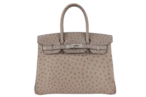 HERMES BIRKIN 30 STAMP C (YEAR 1999) OSTRICH GRIS TOURTERELLE SILVER HARDWARE WITH KEYS AND LOCK AND DUST COVER