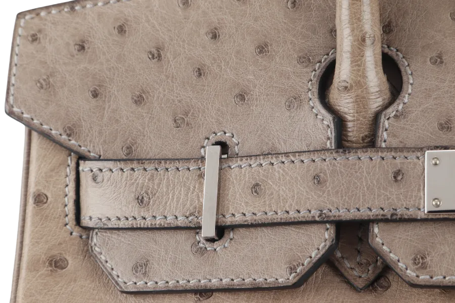 HERMES BIRKIN 30 STAMP C (YEAR 1999) OSTRICH GRIS TOURTERELLE SILVER HARDWARE WITH KEYS AND LOCK AND DUST COVER