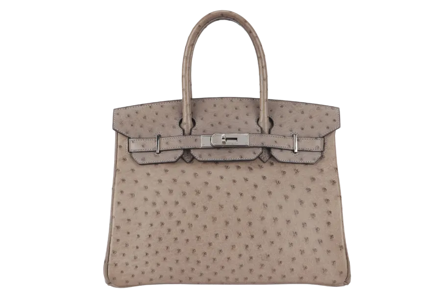 HERMES BIRKIN 30 STAMP C (YEAR 1999) OSTRICH GRIS TOURTERELLE SILVER HARDWARE WITH KEYS AND LOCK AND DUST COVER