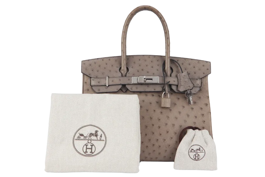 HERMES BIRKIN 30 STAMP C (YEAR 1999) OSTRICH GRIS TOURTERELLE SILVER HARDWARE WITH KEYS AND LOCK AND DUST COVER