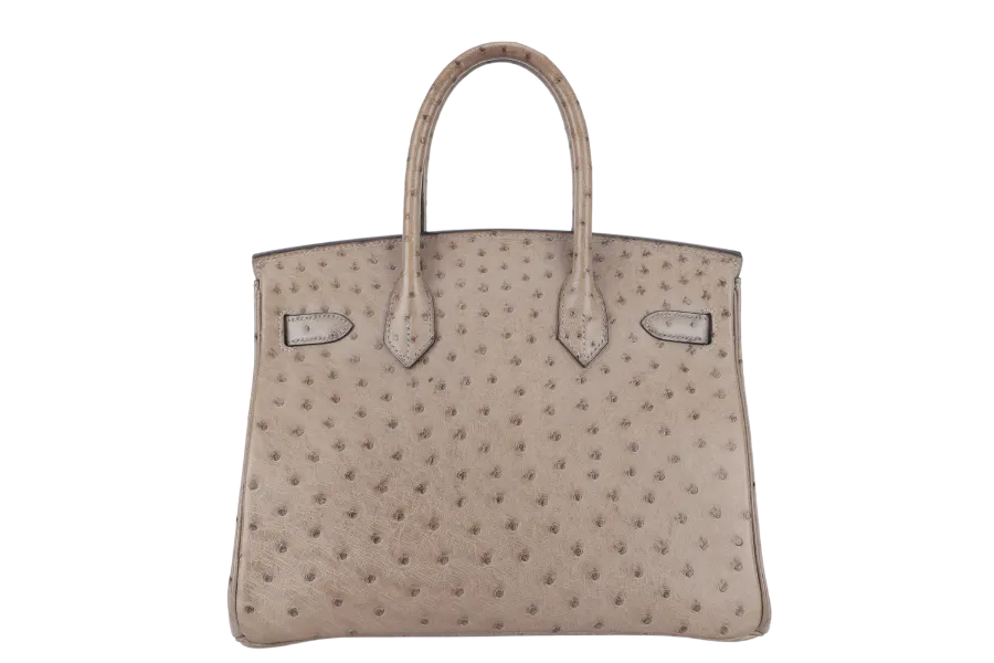 HERMES BIRKIN 30 STAMP C (YEAR 1999) OSTRICH GRIS TOURTERELLE SILVER HARDWARE WITH KEYS AND LOCK AND DUST COVER