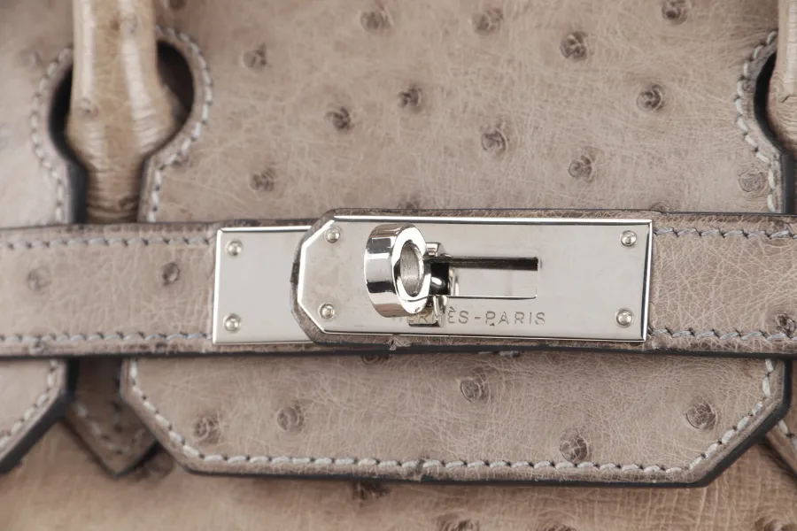 HERMES BIRKIN 30 STAMP C (YEAR 1999) OSTRICH GRIS TOURTERELLE SILVER HARDWARE WITH KEYS AND LOCK AND DUST COVER