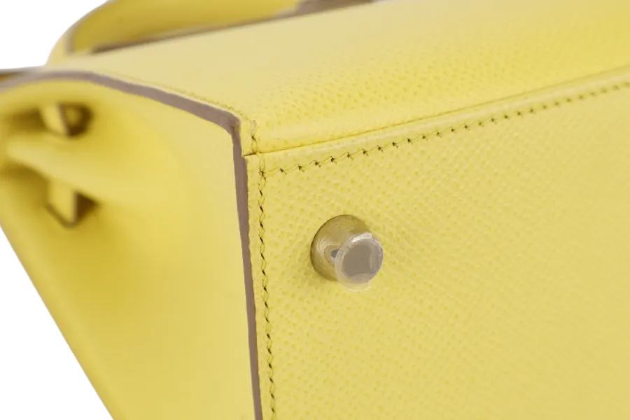 HERMES KELLY 25 SOUFRE COLOR EPSOM LEATHER SILVER HARDWARE STAMP Q (2013) WITH DUST COVER, LOCK, KEYS, RAINCOAT AND STRAPS