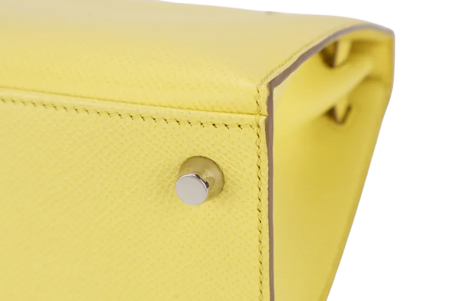 HERMES KELLY 25 SOUFRE COLOR EPSOM LEATHER SILVER HARDWARE STAMP Q (2013) WITH DUST COVER, LOCK, KEYS, RAINCOAT AND STRAPS