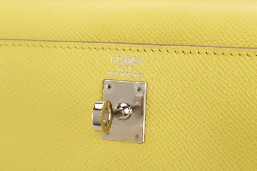 HERMES KELLY 25 SOUFRE COLOR EPSOM LEATHER SILVER HARDWARE STAMP Q (2013) WITH DUST COVER, LOCK, KEYS, RAINCOAT AND STRAPS