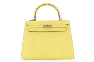 HERMES KELLY 25 SOUFRE COLOR EPSOM LEATHER SILVER HARDWARE STAMP Q (2013) WITH DUST COVER, LOCK, KEYS, RAINCOAT AND STRAPS
