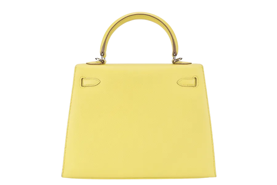 HERMES KELLY 25 SOUFRE COLOR EPSOM LEATHER SILVER HARDWARE STAMP Q (2013) WITH DUST COVER, LOCK, KEYS, RAINCOAT AND STRAPS
