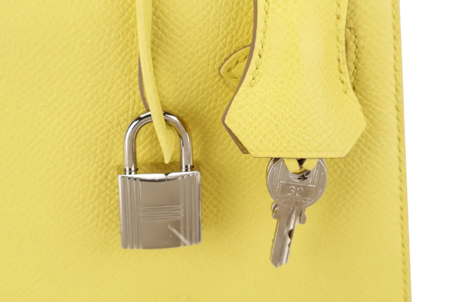 HERMES KELLY 25 SOUFRE COLOR EPSOM LEATHER SILVER HARDWARE STAMP Q (2013) WITH DUST COVER, LOCK, KEYS, RAINCOAT AND STRAPS