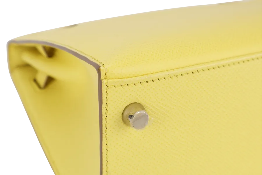 HERMES KELLY 25 SOUFRE COLOR EPSOM LEATHER SILVER HARDWARE STAMP Q (2013) WITH DUST COVER, LOCK, KEYS, RAINCOAT AND STRAPS