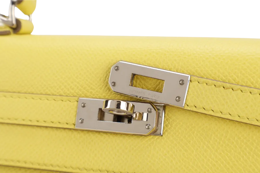 HERMES KELLY 25 SOUFRE COLOR EPSOM LEATHER SILVER HARDWARE STAMP Q (2013) WITH DUST COVER, LOCK, KEYS, RAINCOAT AND STRAPS