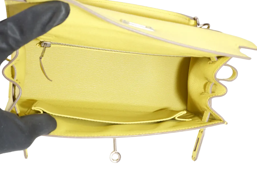 HERMES KELLY 25 SOUFRE COLOR EPSOM LEATHER SILVER HARDWARE STAMP Q (2013) WITH DUST COVER, LOCK, KEYS, RAINCOAT AND STRAPS