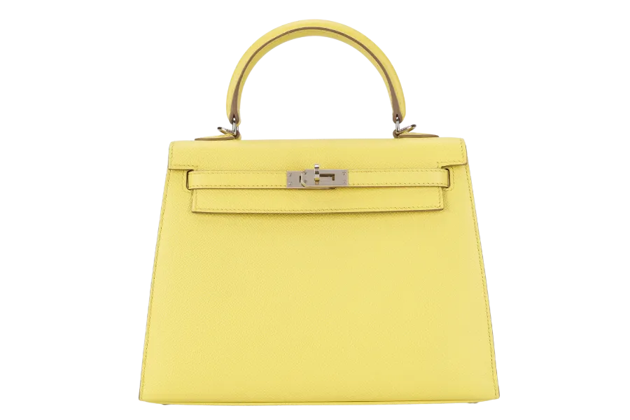 HERMES KELLY 25 SOUFRE COLOR EPSOM LEATHER SILVER HARDWARE STAMP Q (2013) WITH DUST COVER, LOCK, KEYS, RAINCOAT AND STRAPS