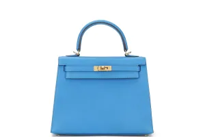 HERMES KELLY 25CM (STAMP C) BLUE ZANZIBAR CHEVRE LEATHER GOLD HARDWARE, WITH KEYS, LOCK, STRAP, RAINCOAT, DUST COVER & BOX
