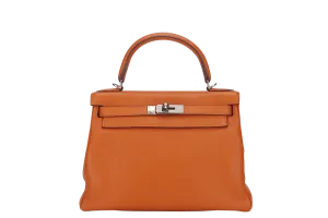 HERMES KELLY 28 RETOURNE (STAMP X) ORANGE CLEMENCE LEATHER SILVER HARDWARE WITH STRAP, LOCK&KEYS, RAINCOAT, DUST COVER & BOX