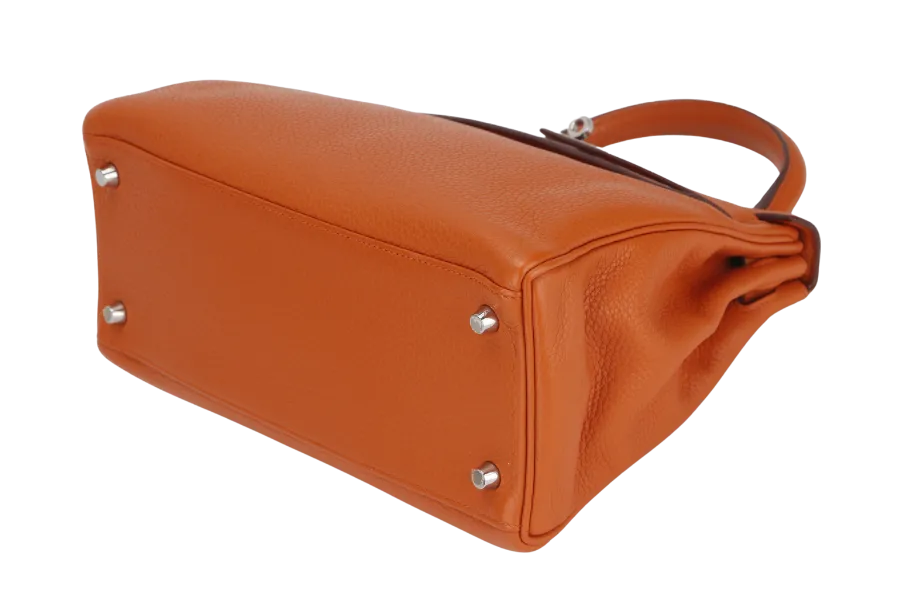 HERMES KELLY 28 RETOURNE (STAMP X) ORANGE CLEMENCE LEATHER SILVER HARDWARE WITH STRAP, LOCK&KEYS, RAINCOAT, DUST COVER & BOX