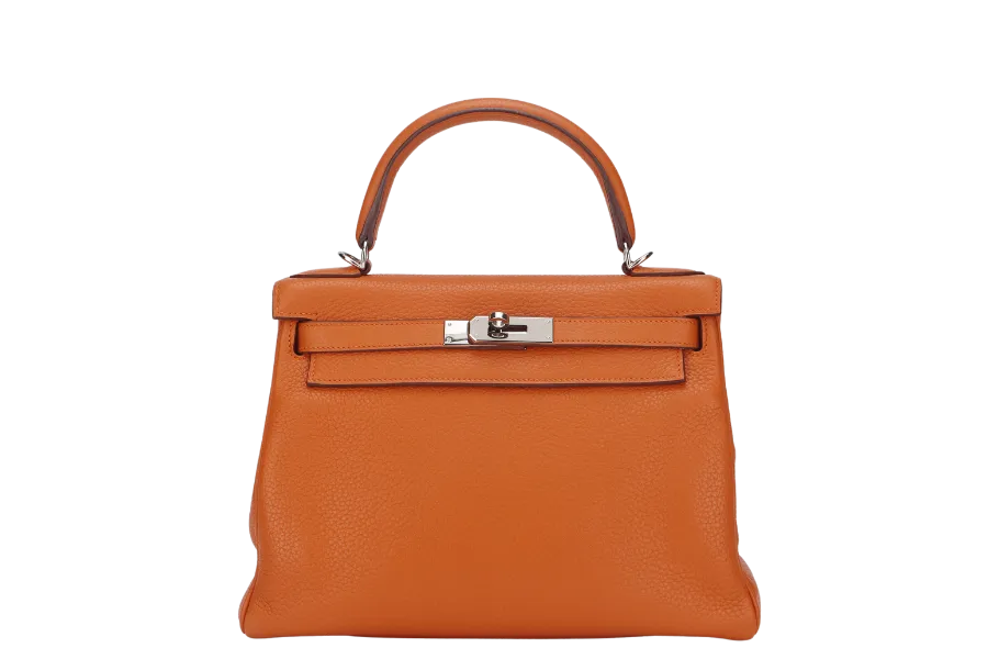 HERMES KELLY 28 RETOURNE (STAMP X) ORANGE CLEMENCE LEATHER SILVER HARDWARE WITH STRAP, LOCK&KEYS, RAINCOAT, DUST COVER & BOX