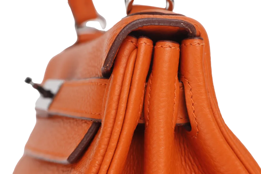 HERMES KELLY 28 RETOURNE (STAMP X) ORANGE CLEMENCE LEATHER SILVER HARDWARE WITH STRAP, LOCK&KEYS, RAINCOAT, DUST COVER & BOX