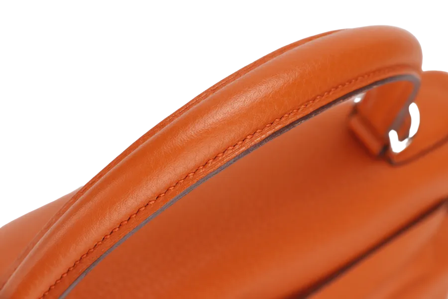 HERMES KELLY 28 RETOURNE (STAMP X) ORANGE CLEMENCE LEATHER SILVER HARDWARE WITH STRAP, LOCK&KEYS, RAINCOAT, DUST COVER & BOX