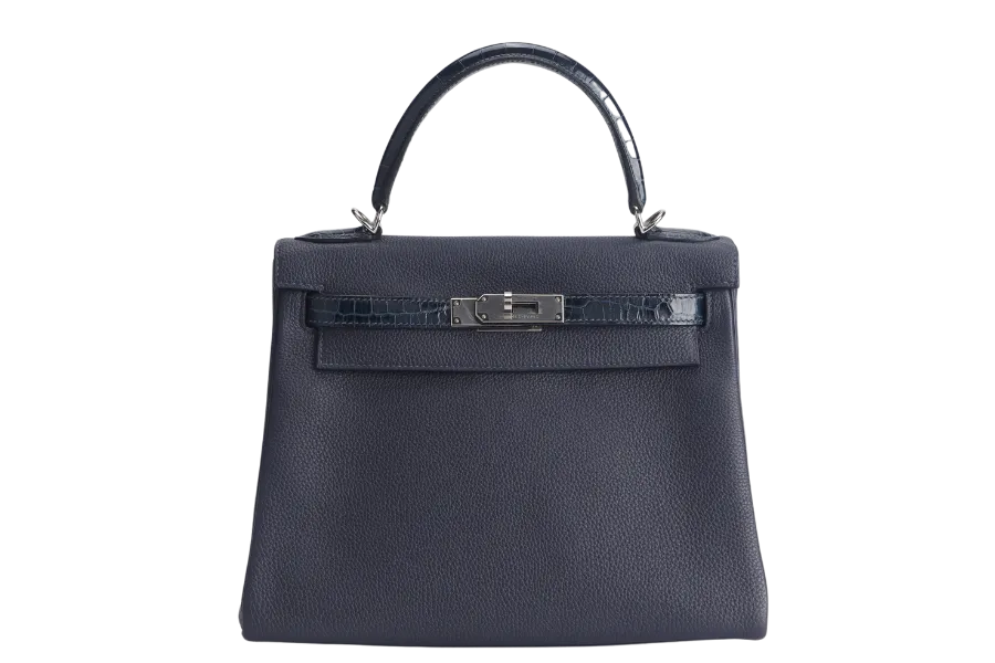 HERMES KELLY 28 STAMP Y (YEAR 2021) TOUCH NILOTICUS TOGO BLUE NUIT, BLUE BALTIQUE SILVER HARDWARE WITH KEYS&LOCK AND DUST COVER