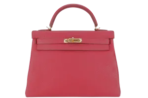 HERMES KELLY 32 RUBIS TOGO GOLD HARDWARE STAMP T (2015) WITH KEYS & LOCK, RAINCOAT, STRAPS , DUST COVER AND BOX