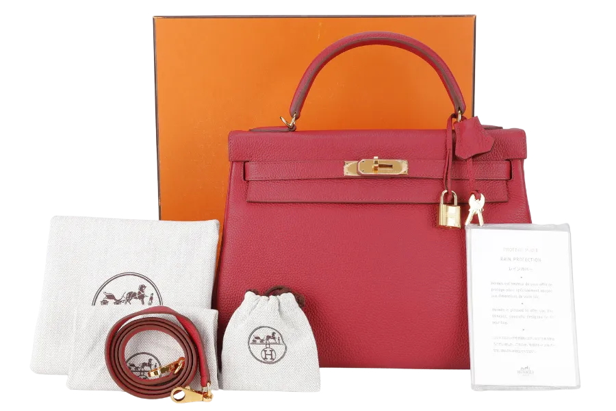 HERMES KELLY 32 RUBIS TOGO GOLD HARDWARE STAMP T (2015) WITH KEYS & LOCK, RAINCOAT, STRAPS , DUST COVER AND BOX